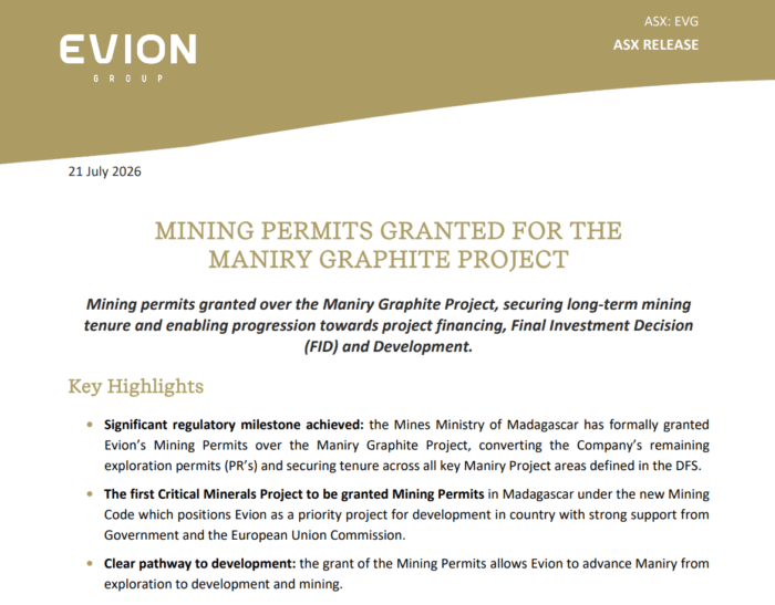 Evion announces mining permits granted for the Maniry Graphite Project, advancing financing, development and production.