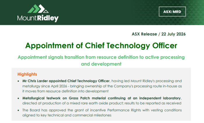 Mount Ridley appoints a Chief Technology Officer to lead processing and advance the Grass Patch project toward development.