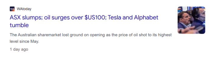 WAtoday headline reports the ASX fell as oil rose above US$100 a barrel, while Tesla and Alphabet shares declined.
