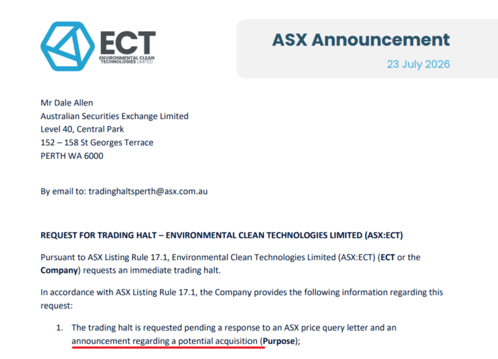 Environmental Clean Technologies requests an ASX trading halt pending a response to a price query and a potential acquisition announcement.