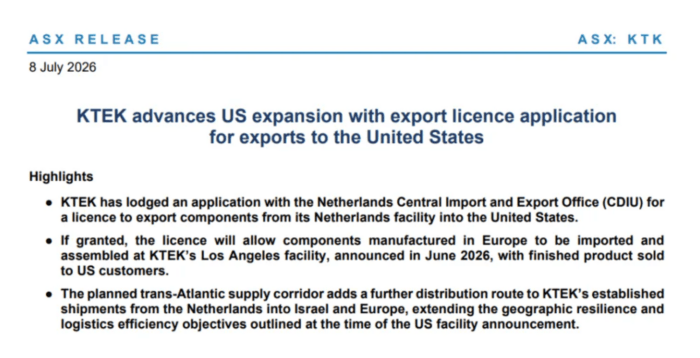 KTEK announces an export licence application to support US expansion and enable European-made components to be assembled in Los Angeles.