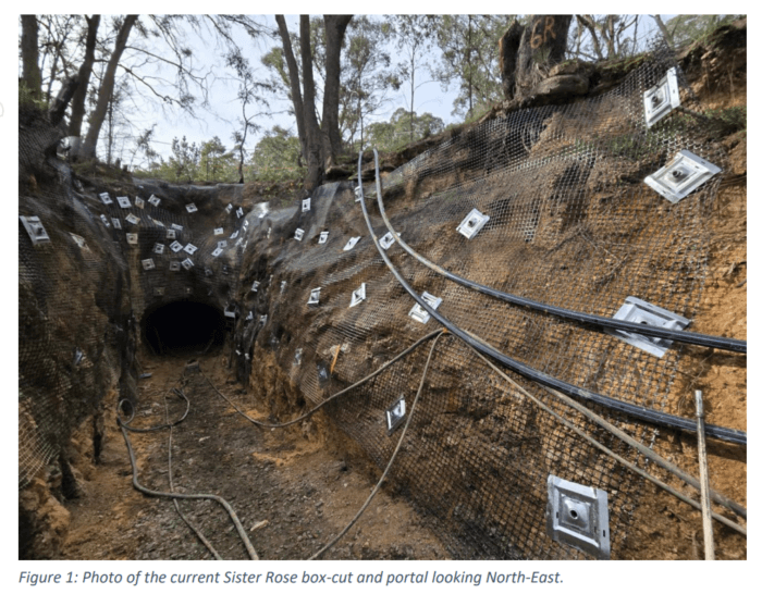 Reinforced mine portal entrance with rock mesh, ground anchors and cables at the Sister Rose box-cut during rehabilitation.