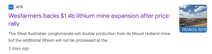 AFR headline reports Wesfarmers will invest $1.4 billion to expand the Mount Holland lithium mine after recent price gains.