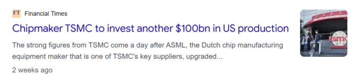 Financial Times headline reports TSMC plans to invest another US$100 billion to expand semiconductor manufacturing in the United States.