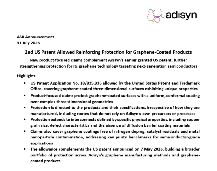 Adisyn ASX announcement cover highlighting a second US patent allowed for graphene-coated semiconductor products and expanded IP protection.
