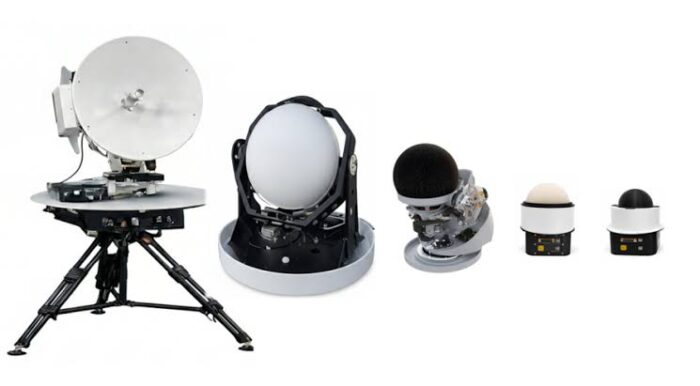 Five satellite communication and tracking systems, including dish antennas and dome-enclosed sensor units, displayed on a white background.
