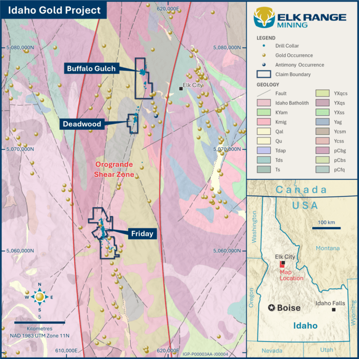 Map of Elk Range Mining's Idaho Gold Project highlighting the Friday, Buffalo Gulch and Deadwood prospects along the Orogrande Shear Zone.
