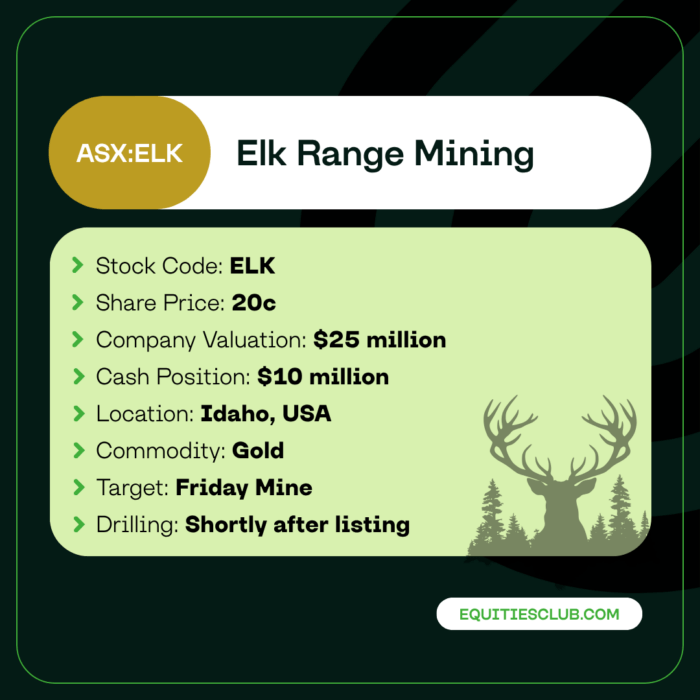 Elk Range Mining snapshot: ASX:ELK at 20c, valued at $25m with $10m cash, targeting gold at Idaho’s Friday Mine.