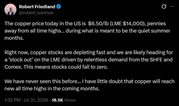 Robert Friedland says copper prices are near record highs and predicts LME stock depletion could drive further gains.