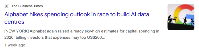 Business Times reports Alphabet has raised AI infrastructure spending forecasts to accelerate construction of data centres.
