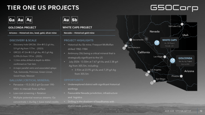 Map highlights G50's Golconda and White Caps projects in Arizona and Nevada, with gold, silver, antimony and gallium exploration highlights.