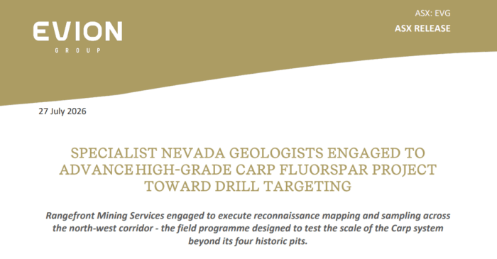 Evion engages Nevada geologists to advance the high-grade CARP Fluorspar Project towards drill targeting and exploration.