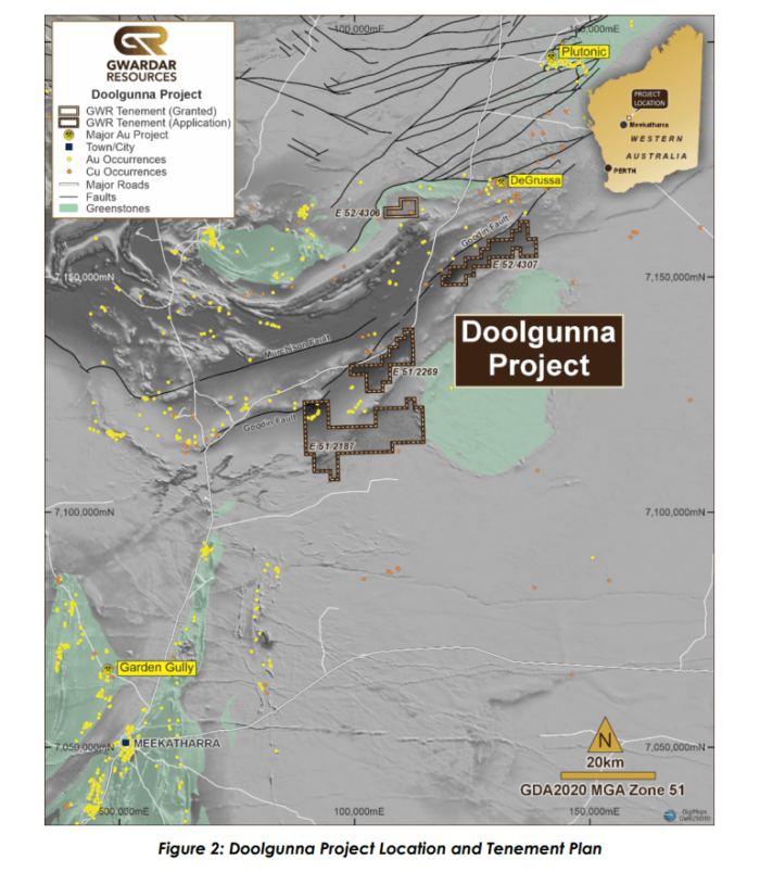 Map of GWR Resources' Doolgunna Project showing granted and application tenements near DeGrussa in Western Australia's Bryah Basin.