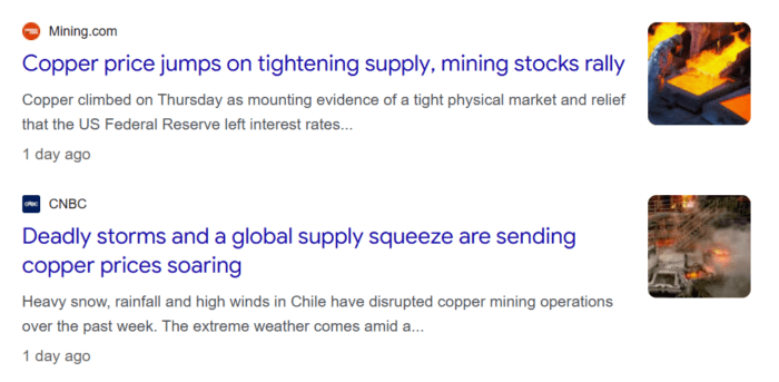 Headlines report copper prices surging on tightening global supply, weather disruptions and growing concerns over market shortages.