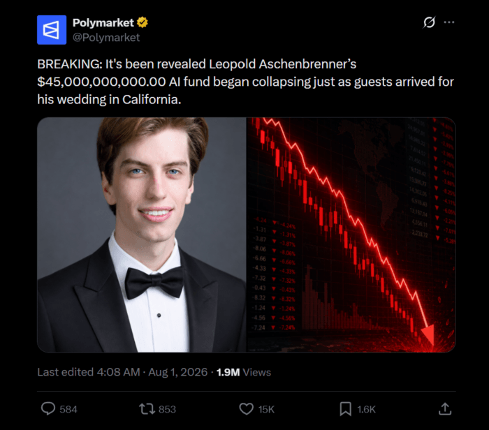 Social media post claims a US$45 billion AI fund began collapsing during founder Leopold Aschenbrenner's California wedding
