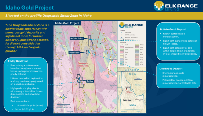 Map of Elk Range Mining's Idaho Gold Project showing the Friday, Buffalo Gulch and Deadwood deposits along the Orogrande Shear Zone.