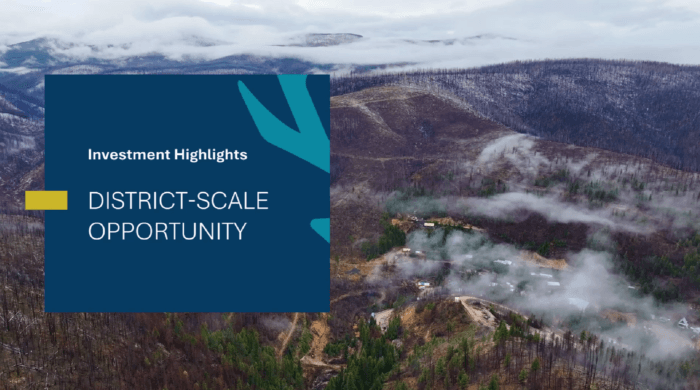 Presentation slide titled "Investment Highlights" describing the Idaho project as a district-scale opportunity over an aerial view of the site.