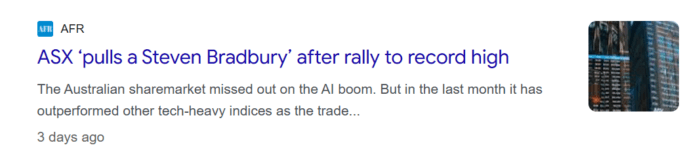 AFR headline reports the ASX rallied to a record high after outperforming other tech-heavy markets over the past month.
