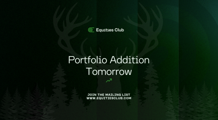 Equities Club graphic teasing a new portfolio addition tomorrow, featuring a dark green deer and forest design.