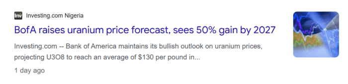 Investing.com reports Bank of America forecasts uranium could rise 50%, with U3O8 averaging US$130/lb by 2027.