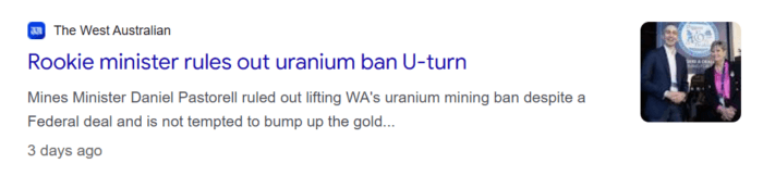 The West Australian reports WA Mines Minister Daniel Pastorelli has ruled out reversing the state's uranium mining ban.