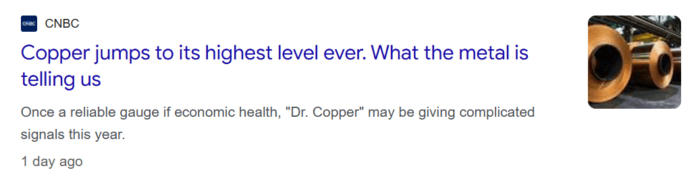 CNBC headline reporting copper has surged to its highest level on record, raising questions about its economic signals.