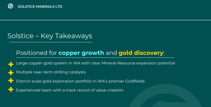 Solstice Minerals highlights copper growth and gold discovery potential in WA, backed by drilling catalysts and an experienced team.