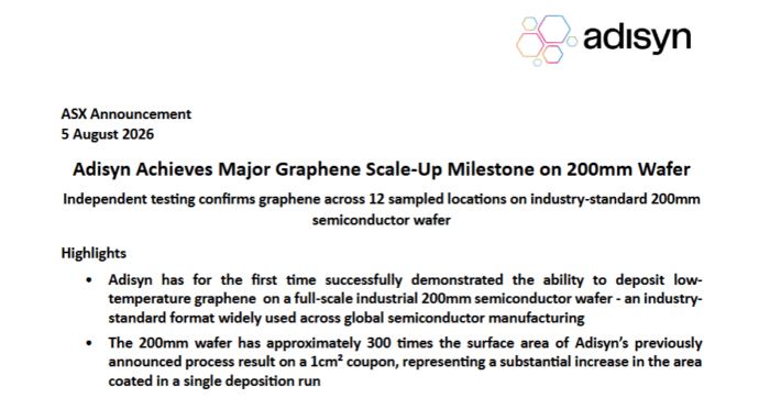 Adisyn ASX announcement reporting successful low-temperature graphene deposition across a full-scale 200mm semiconductor wafer.
