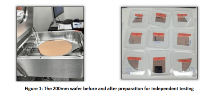 Photos showing a 200mm semiconductor wafer before preparation and nine wafer samples prepared for independent testing.