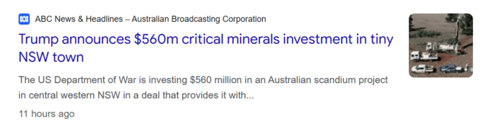 ABC News reports a $560 million US investment in an Australian scandium project in central western NSW.
