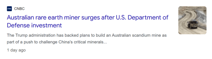 CNBC reports an Australian rare earth miner surged after US defence backing for a scandium mine aimed at challenging China.