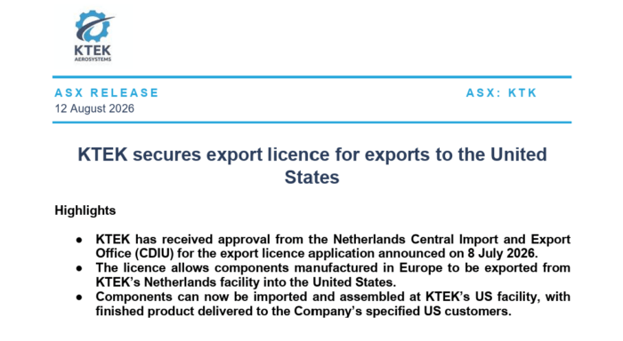 KTEK secures approval to export European-made components from its Netherlands facility to the United States.