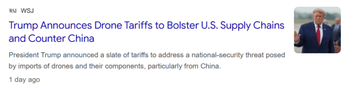 Trump announces tariffs on imported drones and components to strengthen US supply chains and counter reliance on China.