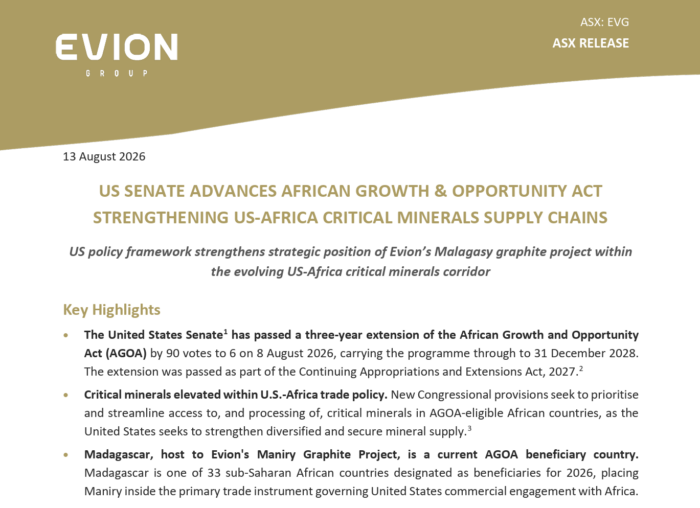 Evion Group release highlights US Senate support for stronger US-Africa critical minerals supply chains, benefiting its Madagascar graphite project.