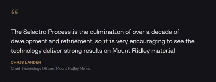 Chris Larder says the Selectro Process reflects over a decade of development and is delivering strong results at Mount Ridley.
