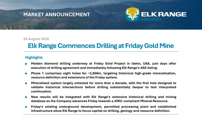 Elk Range Mining announces maiden drilling at the Friday Gold Project, with eight holes planned for approximately 2,850m.