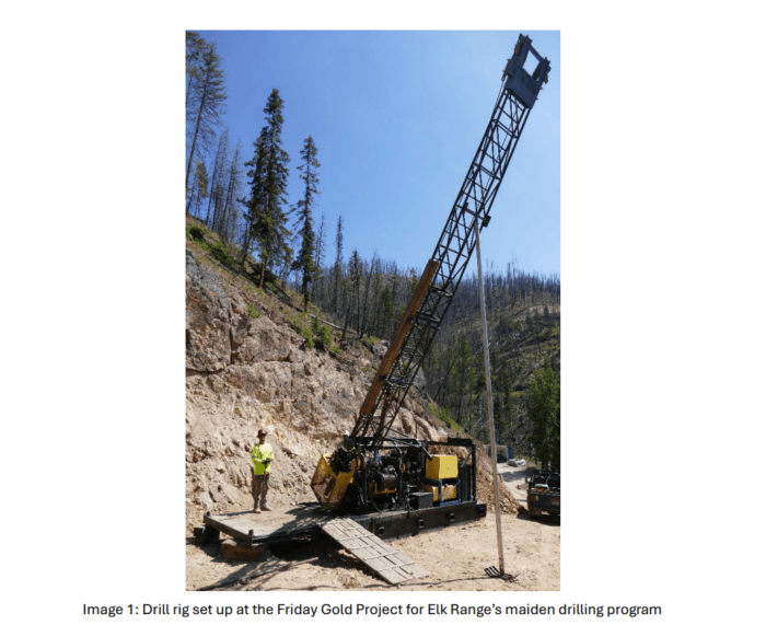 Drill rig set up at Elk Range Mining’s Friday Gold Project for its maiden drilling program.