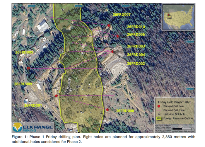 Map of Elk Range Mining’s Friday Gold Project showing eight planned Phase 1 drill holes across the resource area.