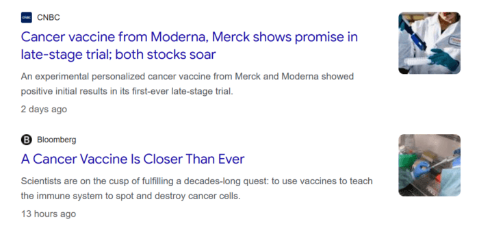Headlines report promising late-stage trial results for Moderna and Merck's personalised cancer vaccine.
