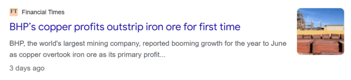 Financial Times headline reports BHP's copper profits overtook iron ore for the first time amid strong growth.