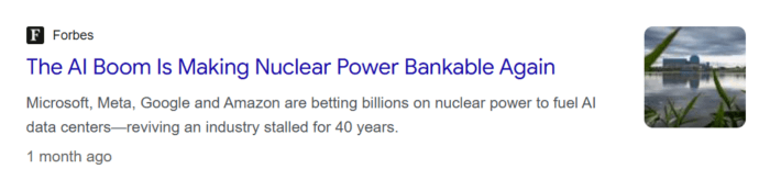 Forbes reports the AI boom is reviving nuclear power, with Microsoft, Meta, Google and Amazon investing billions.