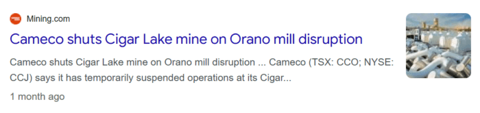 Mining.com reports Cameco temporarily shut its Cigar Lake uranium mine following a disruption at Orano’s processing mill.