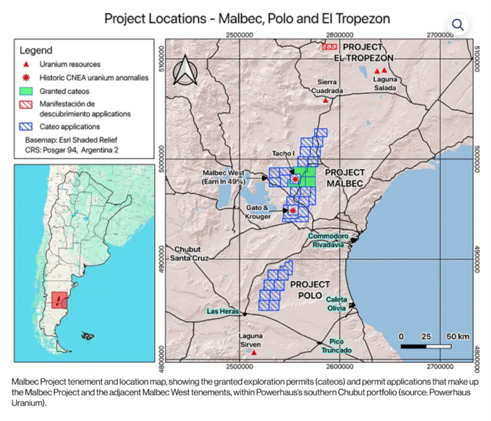 Map of Powerhaus Uranium’s Malbec, Polo and El Tropezon projects in southern Argentina, showing tenements and uranium anomalies.