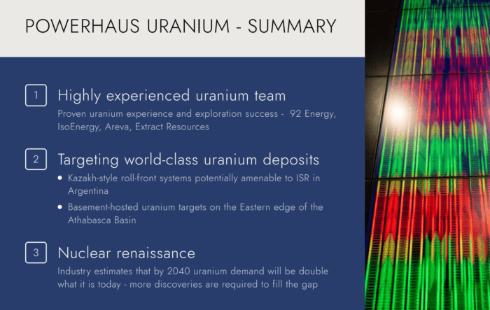 Powerhaus Uranium targets major deposits in Argentina and Canada, backed by an experienced team and rising uranium demand.