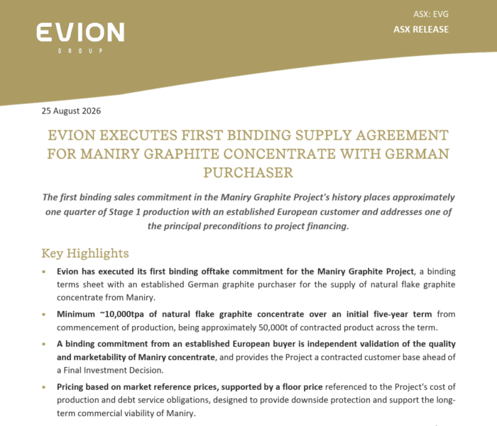 Evion signs its first binding Maniry graphite offtake, supplying a German buyer ~10,000tpa over five years.