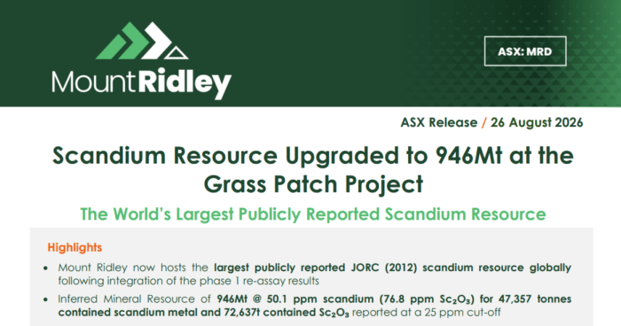 Mount Ridley upgrades Grass Patch to a 946Mt scandium resource, claimed as the world's largest publicly reported JORC resource.