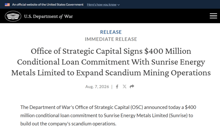 US Government announces a US$400 million conditional loan to Sunrise Energy Metals to expand its scandium operations.