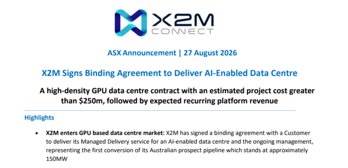 X2M signs binding agreement for a $250m+ AI-enabled GPU data centre, with recurring platform revenue expected.