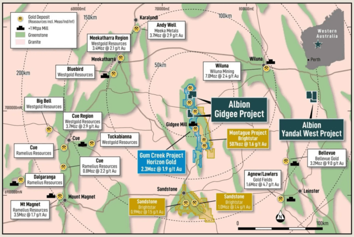 Map showing Albion’s Gidgee and Yandal West gold projects among major WA gold deposits, resources and processing mills.