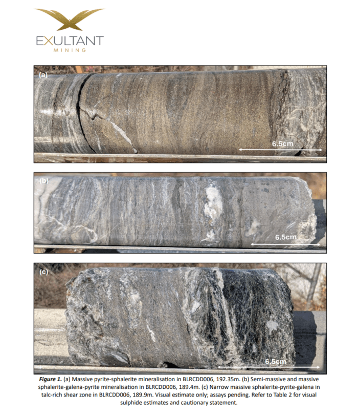 Drill core from Exultant Mining showing massive and semi-massive sphalerite, galena and pyrite mineralisation.